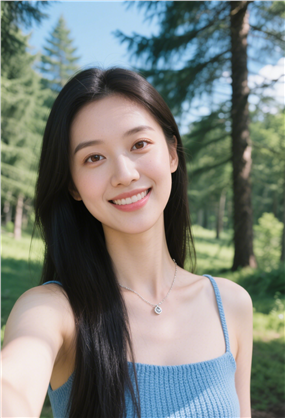 蓝色针织吊带衫美女自拍摄影图片